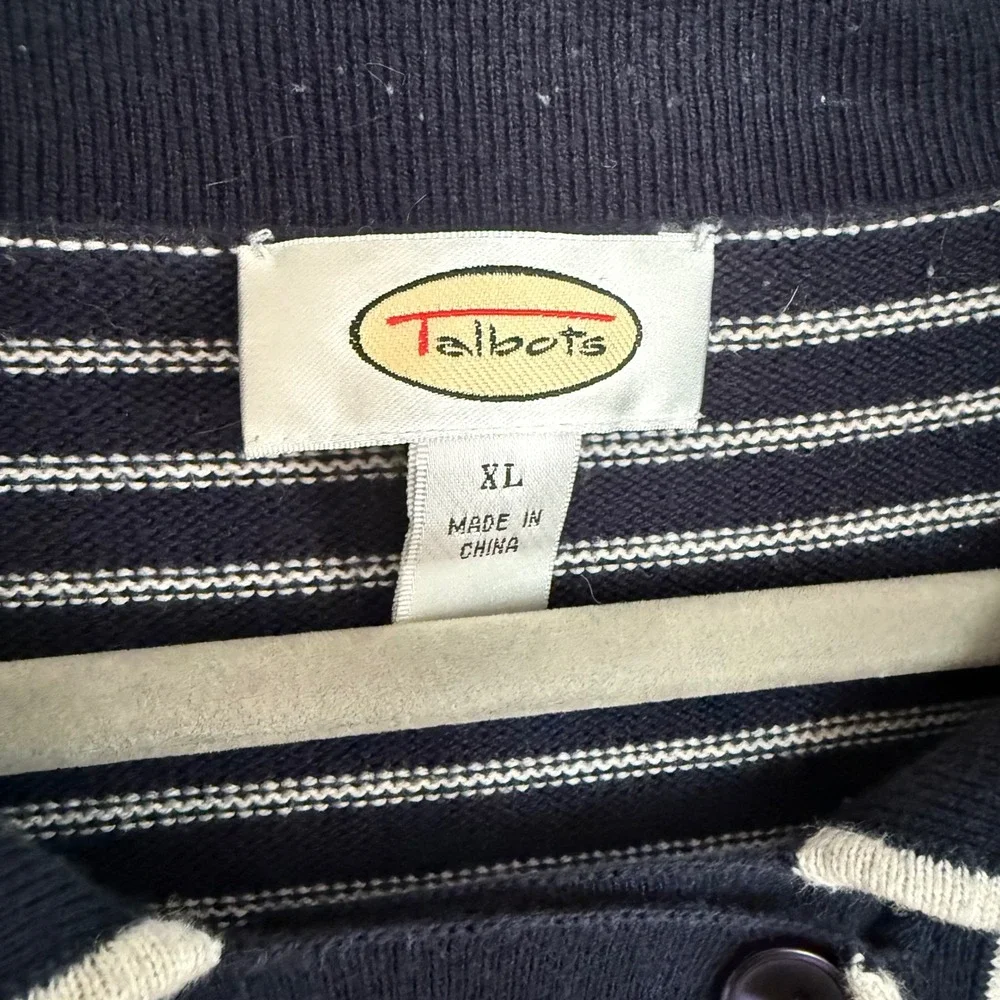 Talbots Navy and White Striped Button-Front Cardigan
